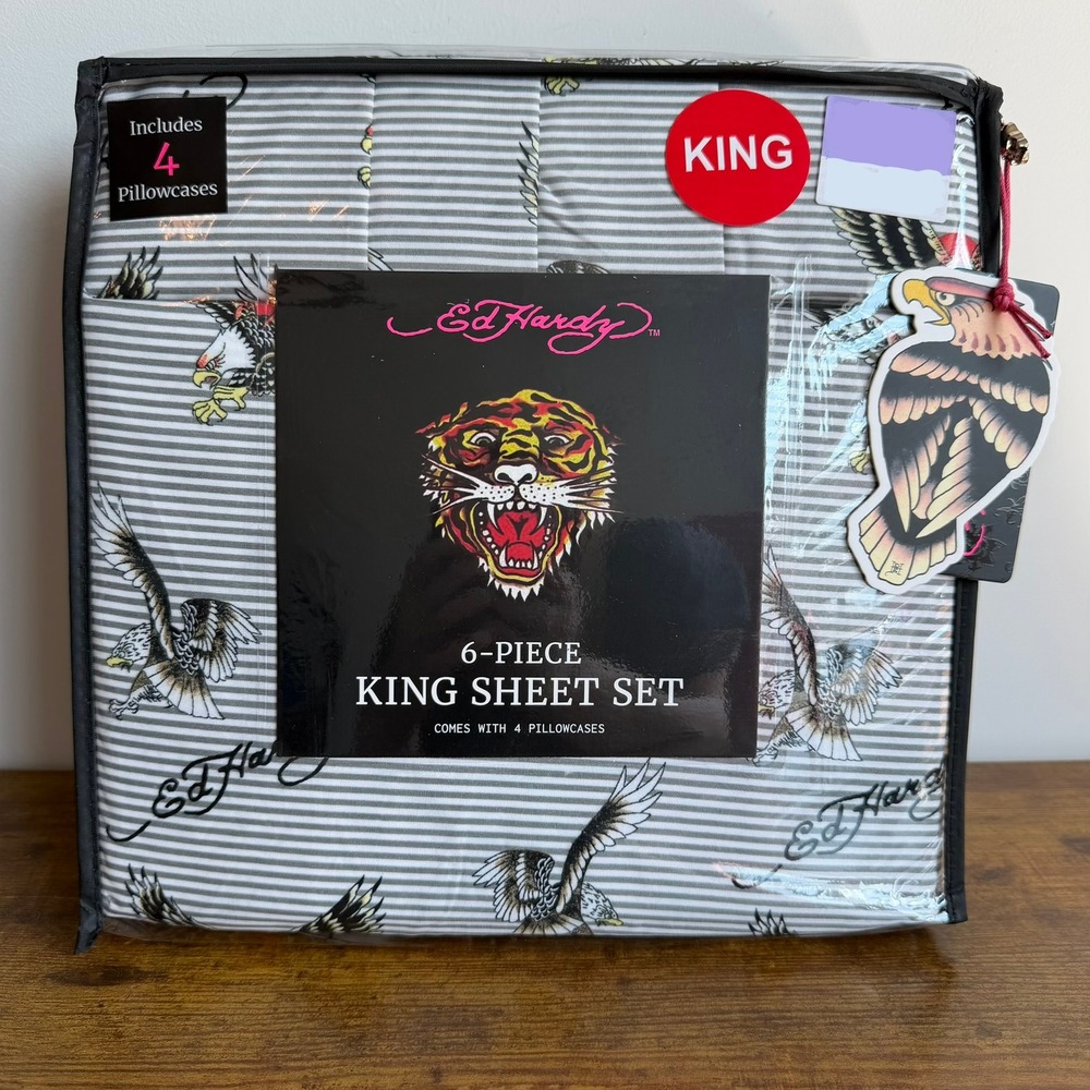 New Ed Hardy King 6 Pc Double Brushed Sheet Set Grey White Striped Eagle Y2K